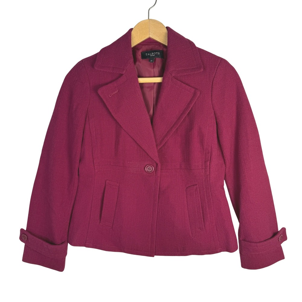 Talbots Petites Blazer Jacket Raspberry Pink Cotton Textured 1-Button Size 4P